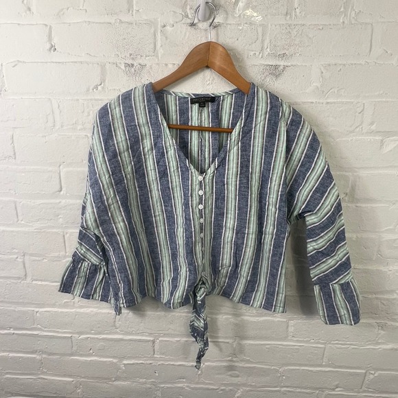 For Cynthia Women's Striped Tie Button Front Blouse Top Gray Size Large - Picture 1 of 5